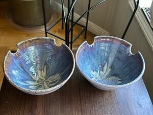 2 Fox Ceramics Pottery Studio Ramen Noodle Rice Bowl Chopsticks Holder signed